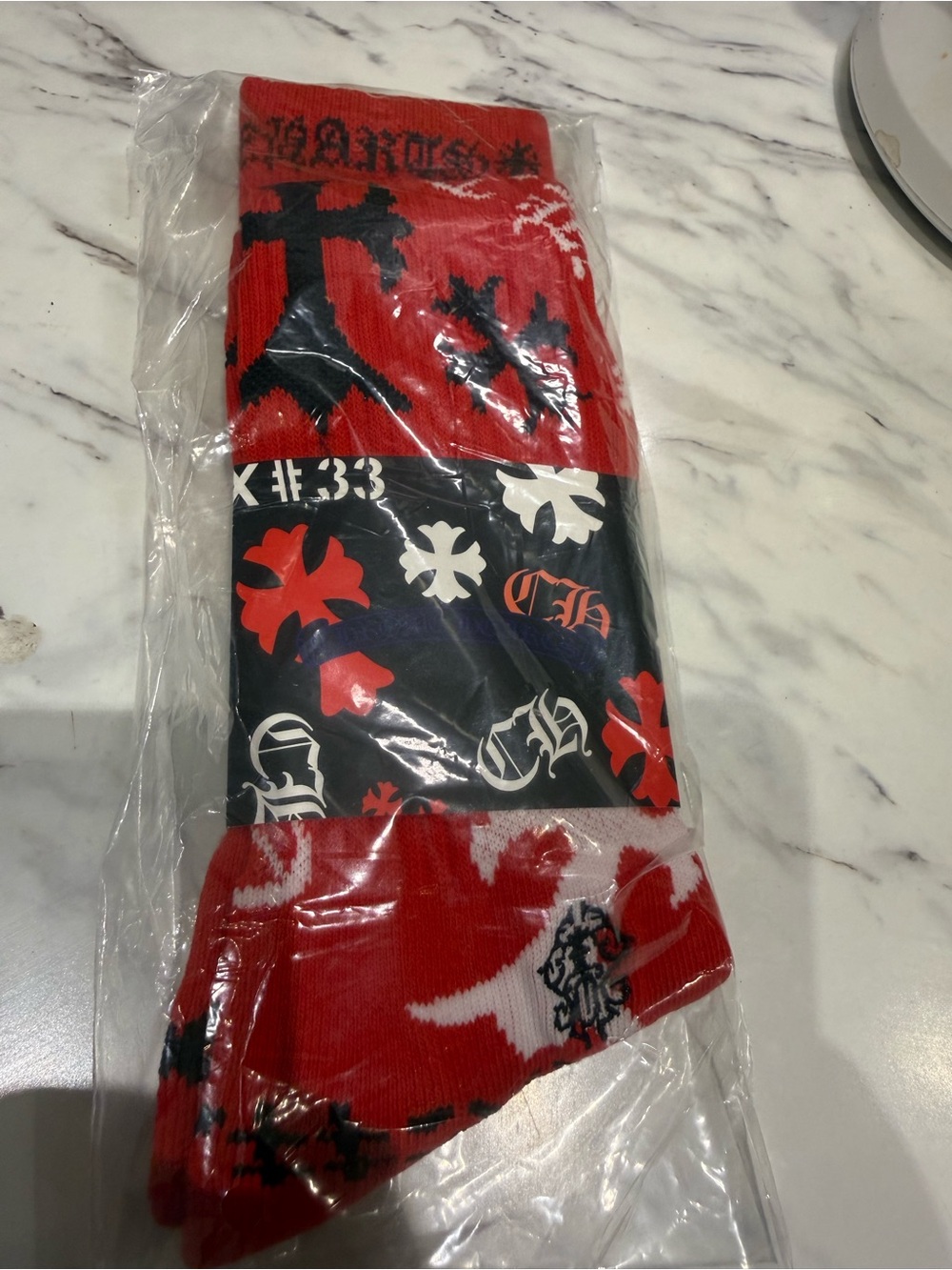 Chrome Hearts Red Black and White Graphic Casual Socks